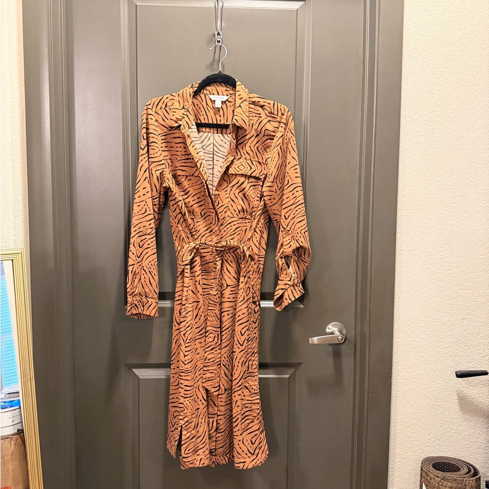 Tiger Print button down dress with tie in Rust Orange